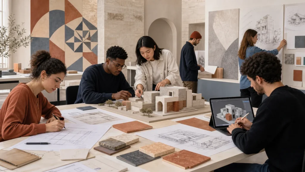Editorial illustration of international Architecture students developing a scale model in a design studio