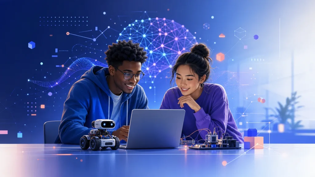 Editorial illustration of international students building an artificial intelligence project in a modern learning lab
