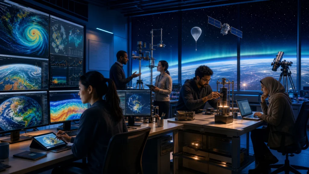 Editorial illustration of atmospheric science students analysing satellite data and monitoring instruments