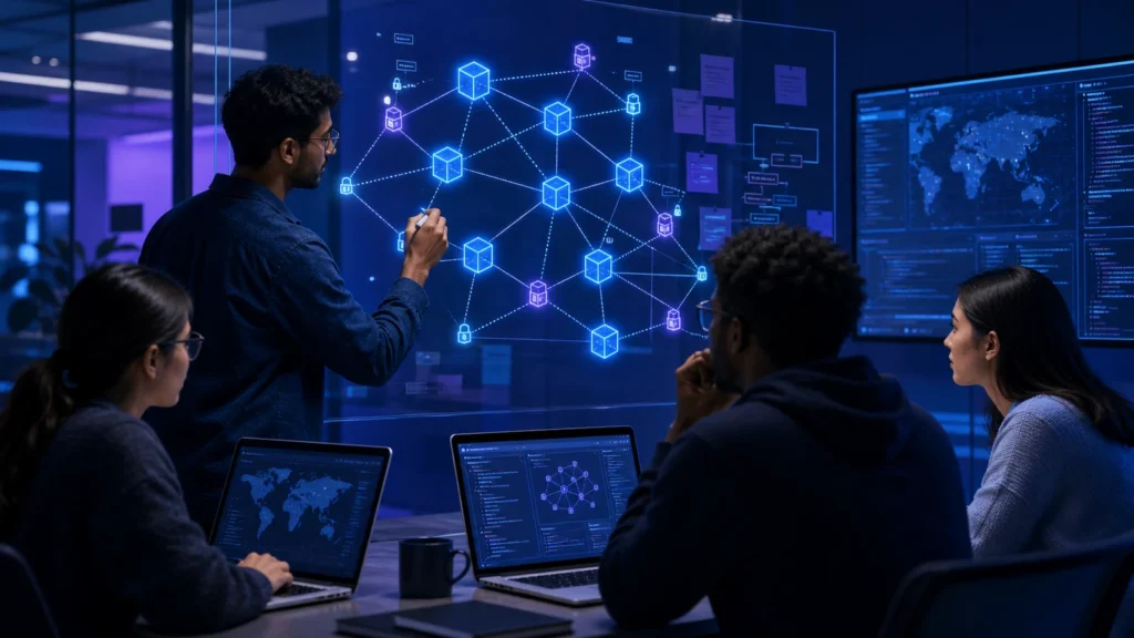 Editorial illustration of international Blockchain students mapping secure distributed information systems