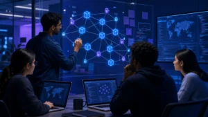 Editorial illustration of international Blockchain students mapping secure distributed information systems