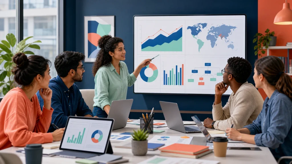 Editorial illustration of international Business Analytics students interpreting data and decision models