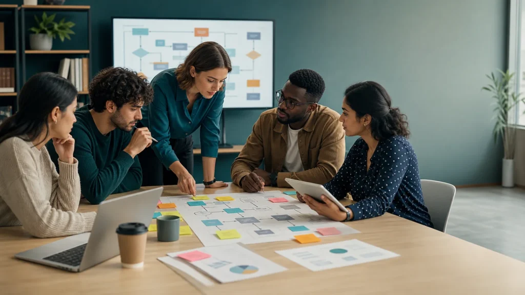 Editorial illustration of international students mapping a business process with digital technology and data