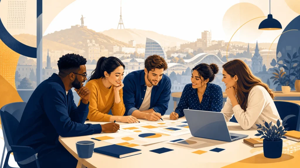Editorial illustration of international business students collaborating on a project in Tbilisi