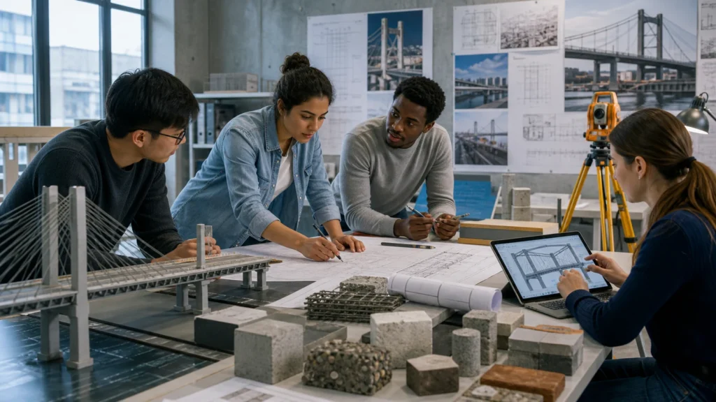 Editorial illustration of international Civil Engineering students reviewing structures, materials and surveying data