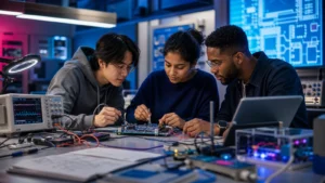Editorial illustration of international Computer Engineering students testing an embedded hardware system