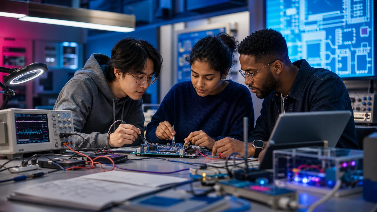 Editorial illustration of international Computer Engineering students testing an embedded hardware system