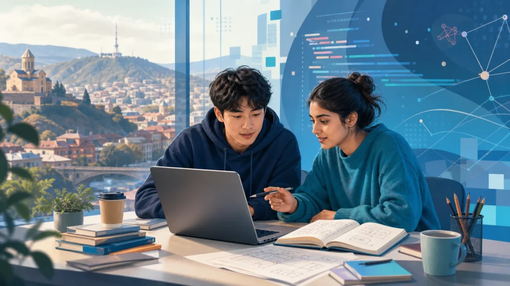 Editorial illustration of international Computer Science students collaborating on a software project