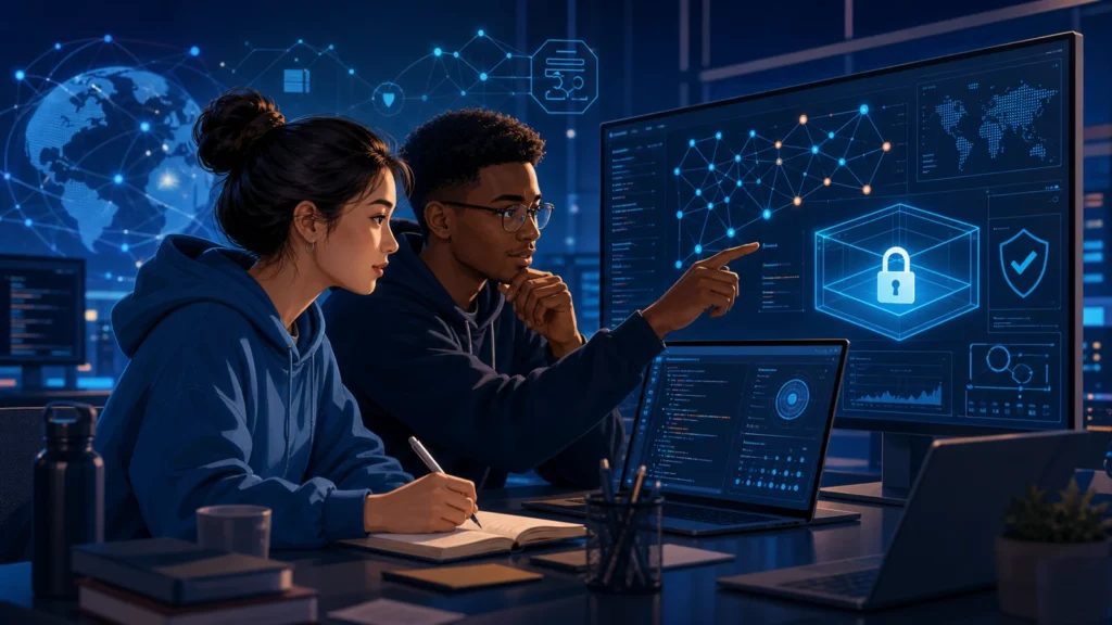 Editorial illustration of international students learning defensive cybersecurity in an authorised laboratory