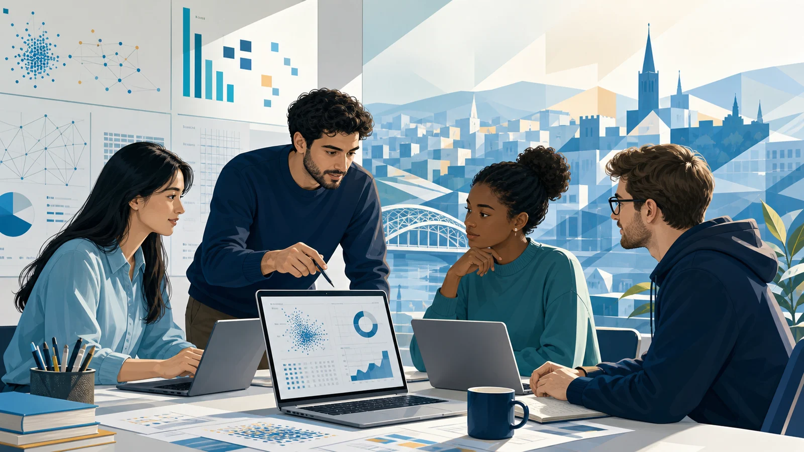 Editorial illustration of international Data Science students analysing datasets and validating charts