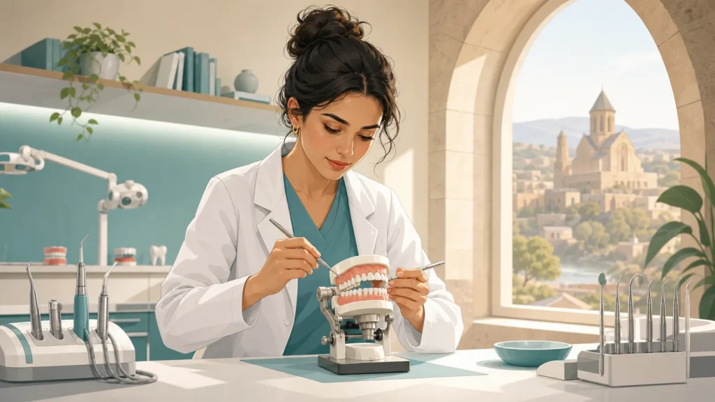 Editorial illustration of an international dentistry student practising with a dental simulation model in Georgia