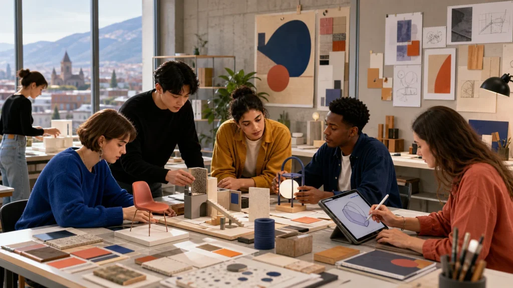 Editorial illustration of international Design students developing models and visual prototypes in a studio