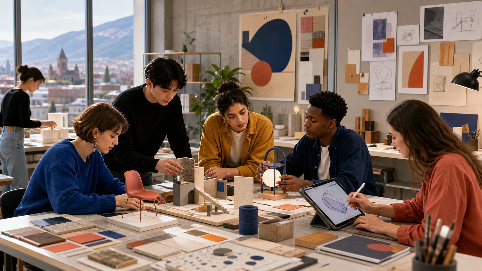 Editorial illustration of international Design students developing models and visual prototypes in a studio