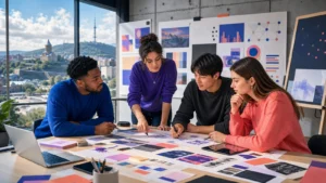 Editorial illustration of international Digital Marketing students planning an evidence-led campaign