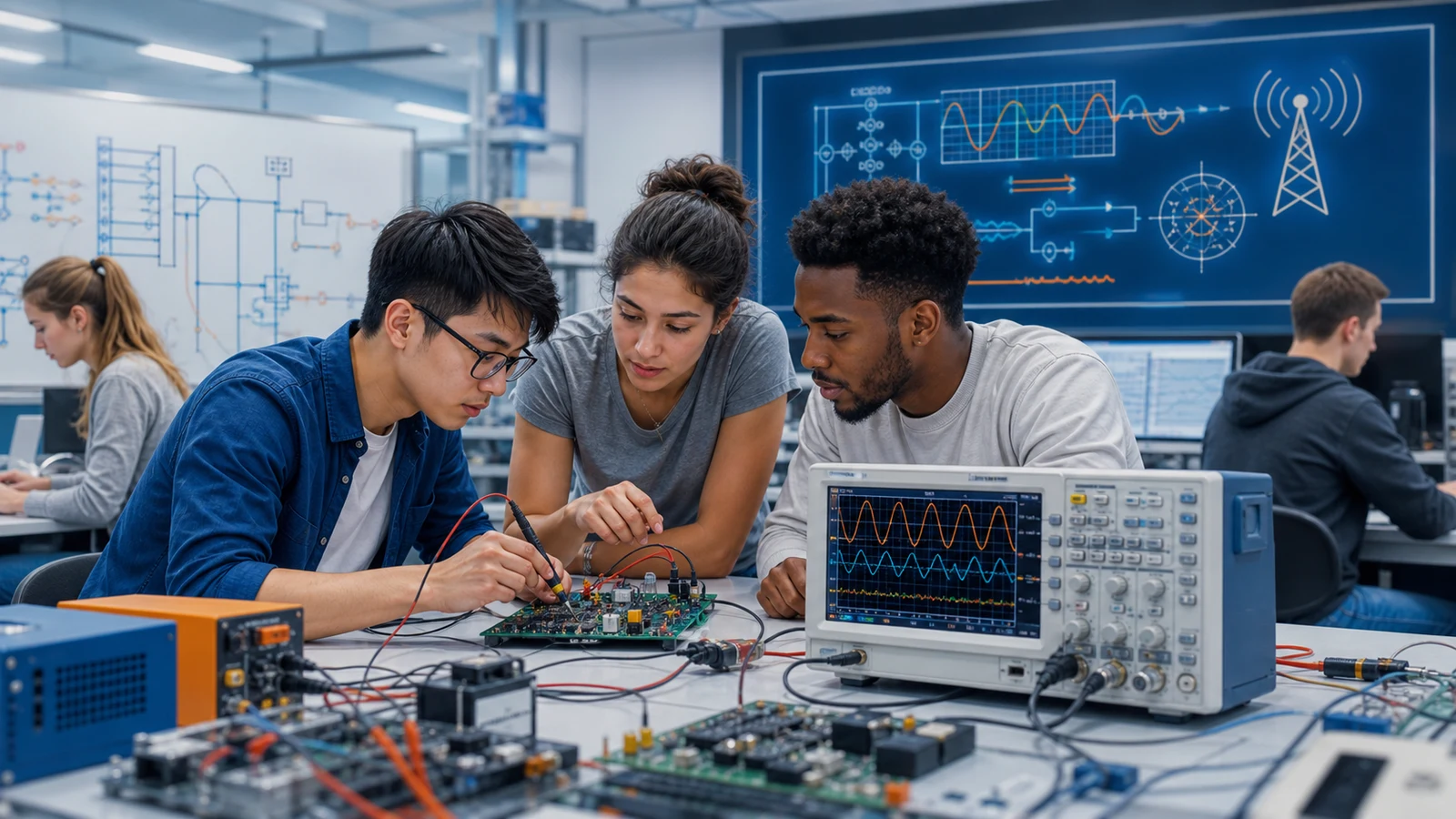 Editorial illustration of international Electrical Engineering students testing circuits in a laboratory