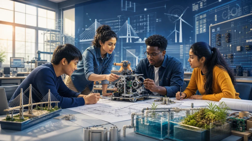 Editorial illustration of international engineering students building and testing technical prototypes