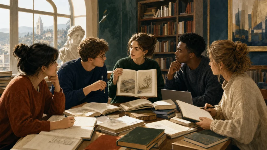 Editorial illustration of international English Philology students discussing literature, linguistics and translation