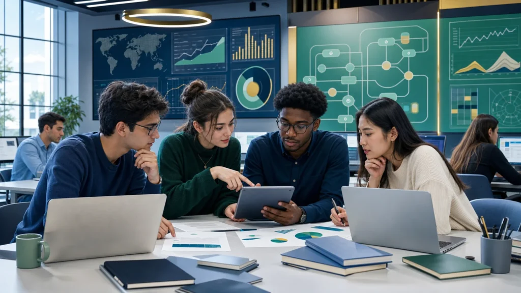 Editorial illustration of international Finance and Fintech students comparing models and risk controls