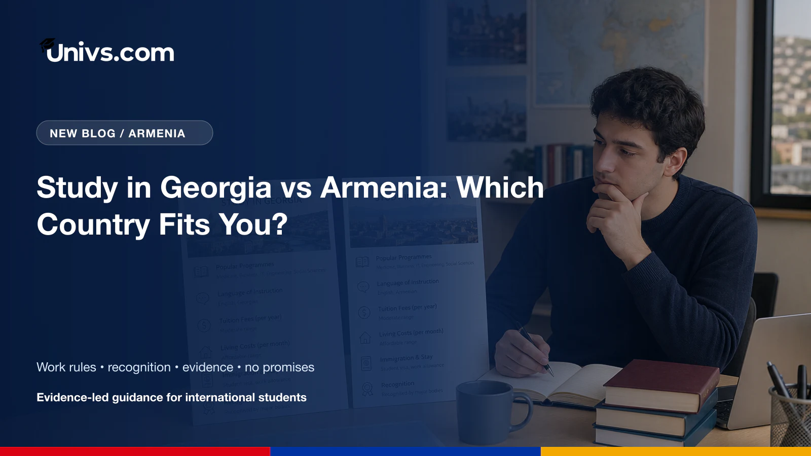Univs Armenia guide showing international student comparing two country study options using an unlabeled map, programme cards and budget notes for the article Study in Georgia vs Armenia: Which Country Fits You?