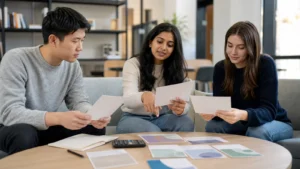 Realistic fictional editorial photograph of international students comparing study in Georgia and Bulgaria