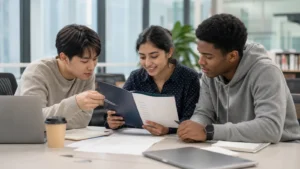 Realistic fictional editorial photograph of international students comparing study in Georgia and Hungary