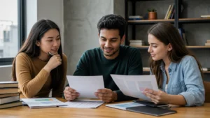 Realistic fictional editorial photograph of international students comparing study in Georgia and Kazakhstan