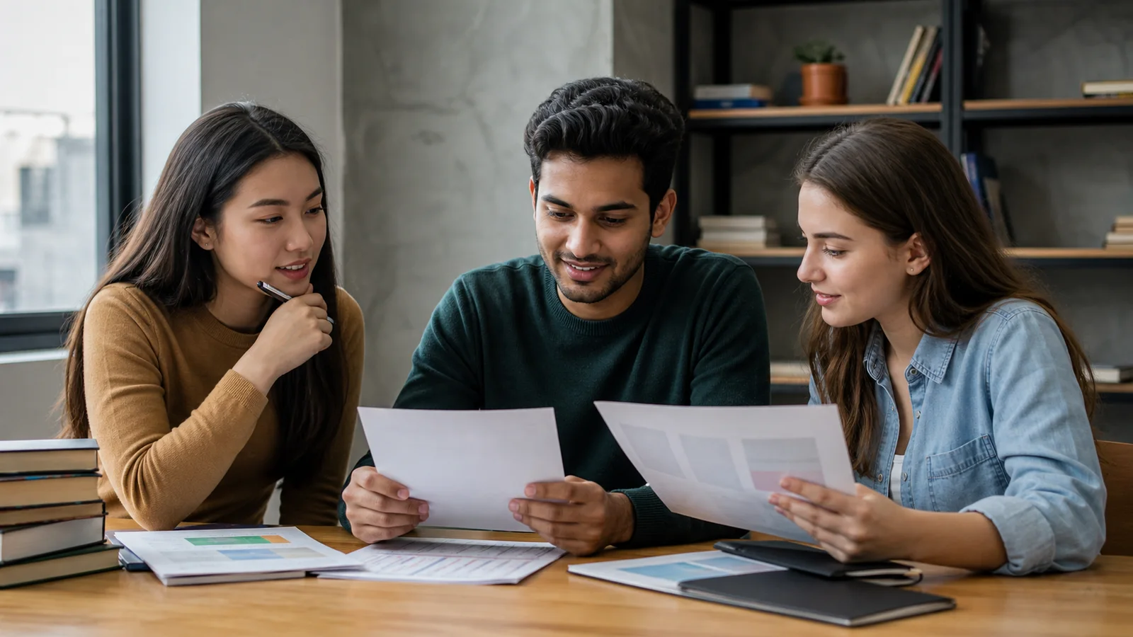 Realistic fictional editorial photograph of international students comparing study in Georgia and Kazakhstan