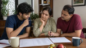 Realistic fictional editorial photograph of international students comparing study in Georgia and Kyrgyzstan