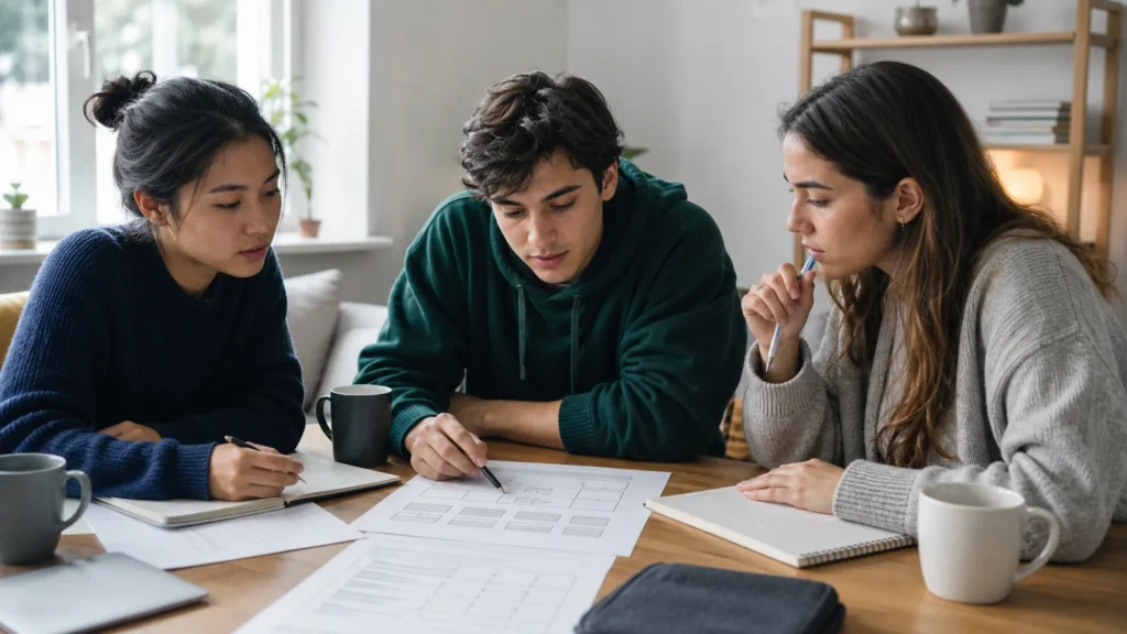 Realistic fictional editorial photograph of international students comparing study in Georgia and Poland