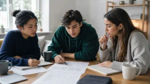 Realistic fictional editorial photograph of international students comparing study in Georgia and Poland