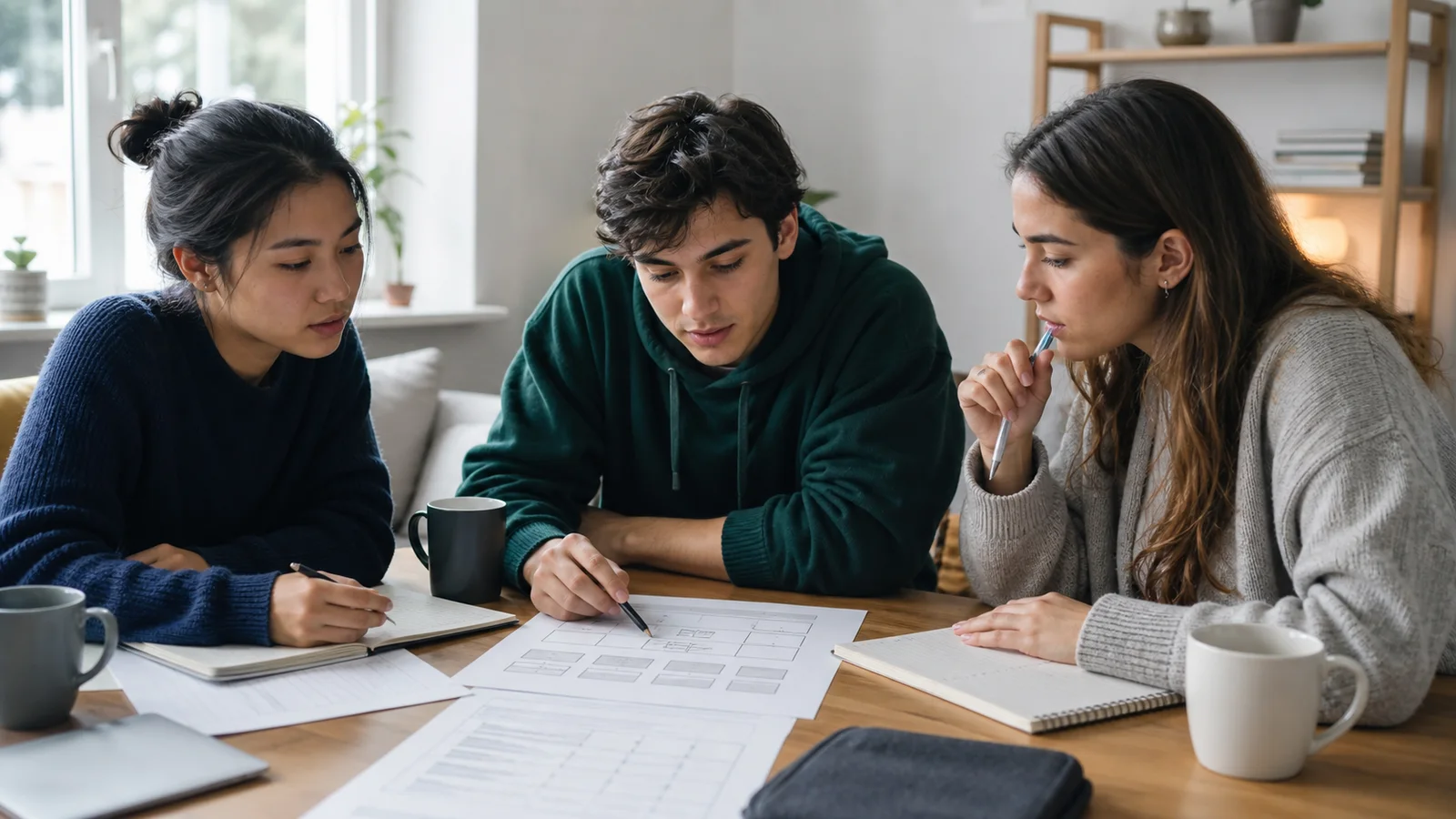 Realistic fictional editorial photograph of international students comparing study in Georgia and Poland