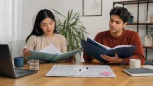 Realistic fictional editorial photograph of international students comparing study in Georgia and Romania