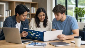 Realistic fictional editorial photograph of international students comparing study in Georgia and Uzbekistan