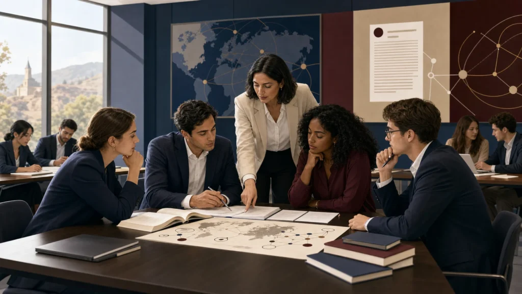 Editorial illustration of international law students analysing a cross-border contract in a seminar