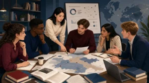 Editorial illustration of international students discussing policy evidence in an International Relations seminar
