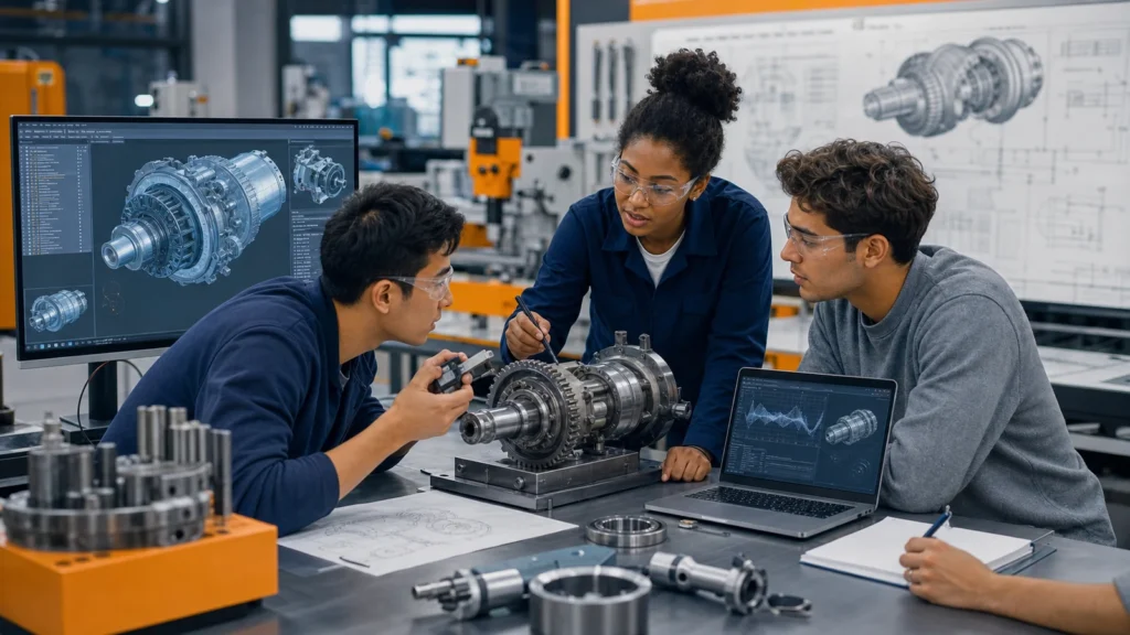 Editorial illustration of international Mechanical Engineering students inspecting a precision assembly and CAD model