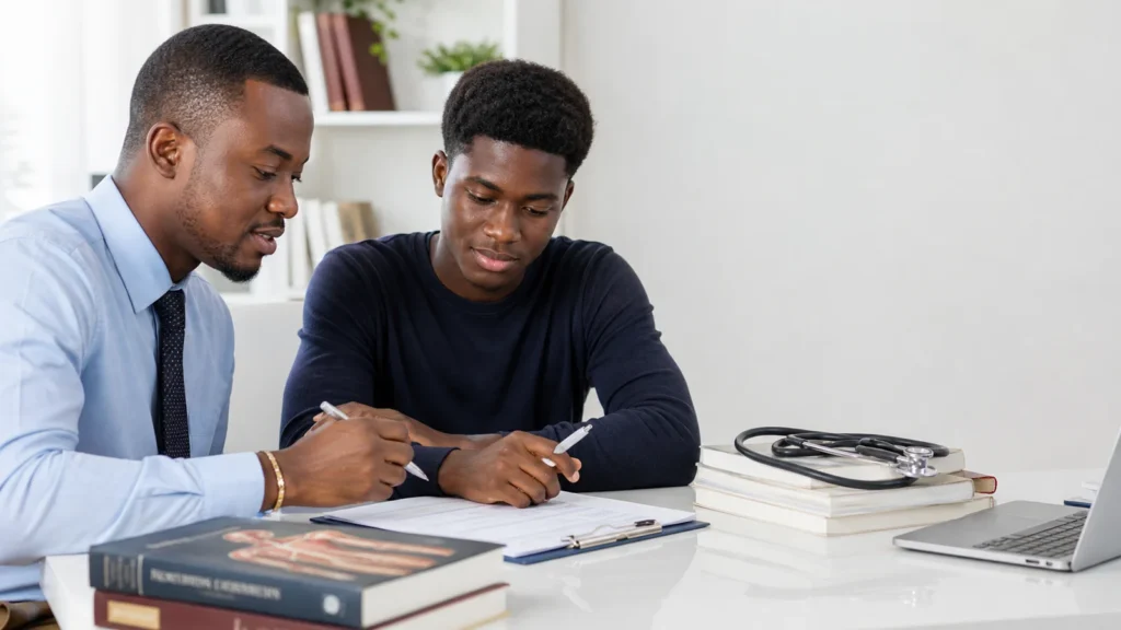 Realistic fictional editorial photograph for the Univs guide Study Medicine in Georgia for Ghanaian Students: Registration Checks