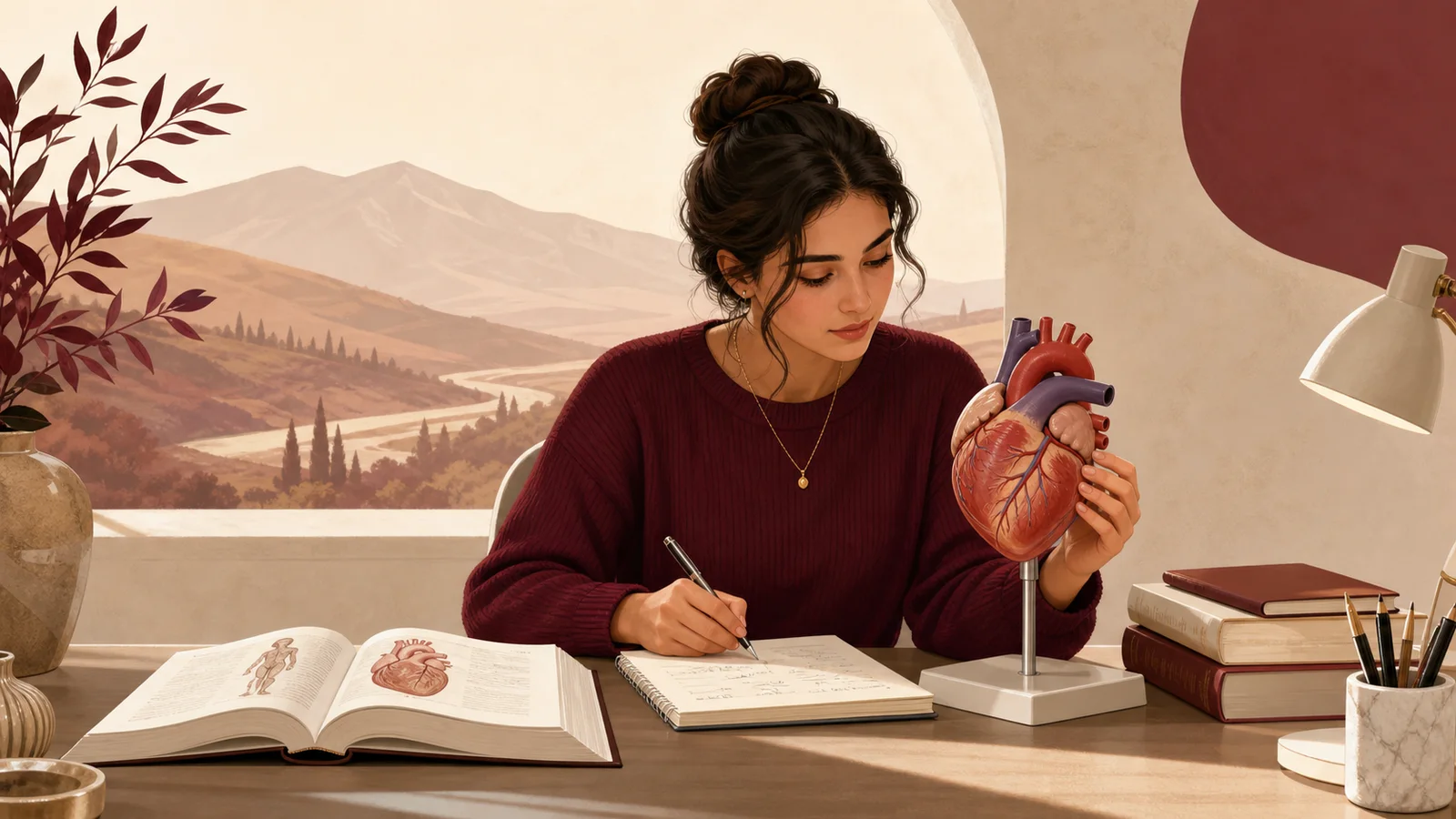 Editorial illustration of an international medical student studying anatomy for a Medical Doctor programme in Georgia