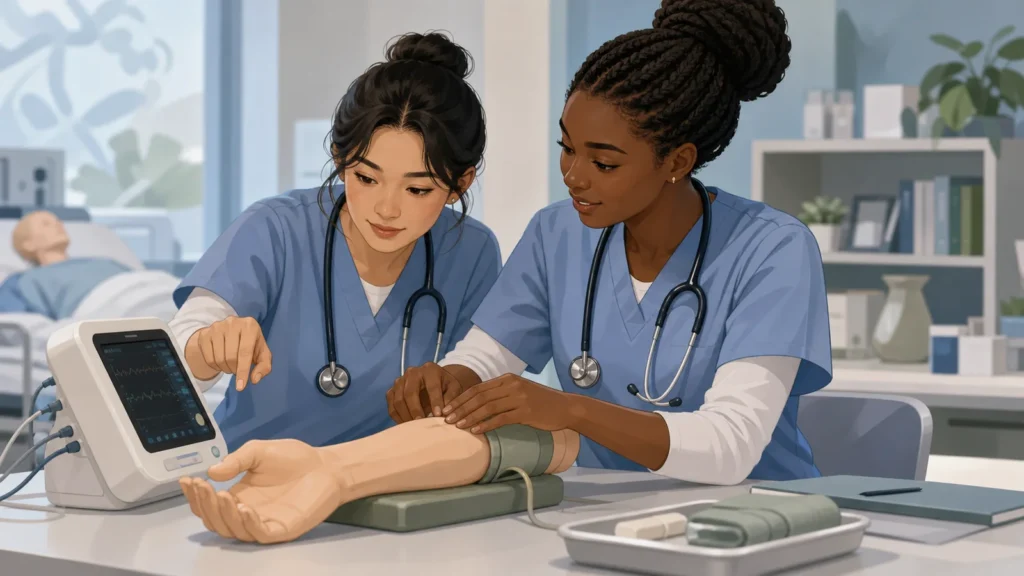 Editorial illustration of two international nursing students learning in a clinical simulation classroom