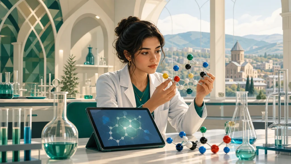 Editorial illustration of an international pharmacy student studying molecular models in a teaching laboratory