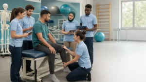 Editorial illustration of rehabilitation students practising movement assessment in a supervised clinical simulation