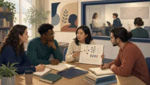 Editorial illustration of international Psychology students discussing behavioural research in a university seminar