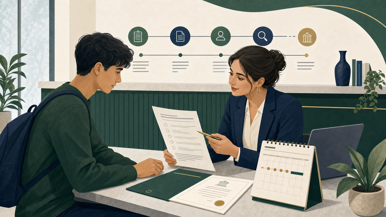 Editorial illustration of an international student reviewing study residence permit evidence and a lawful-stay calendar with an adviser
