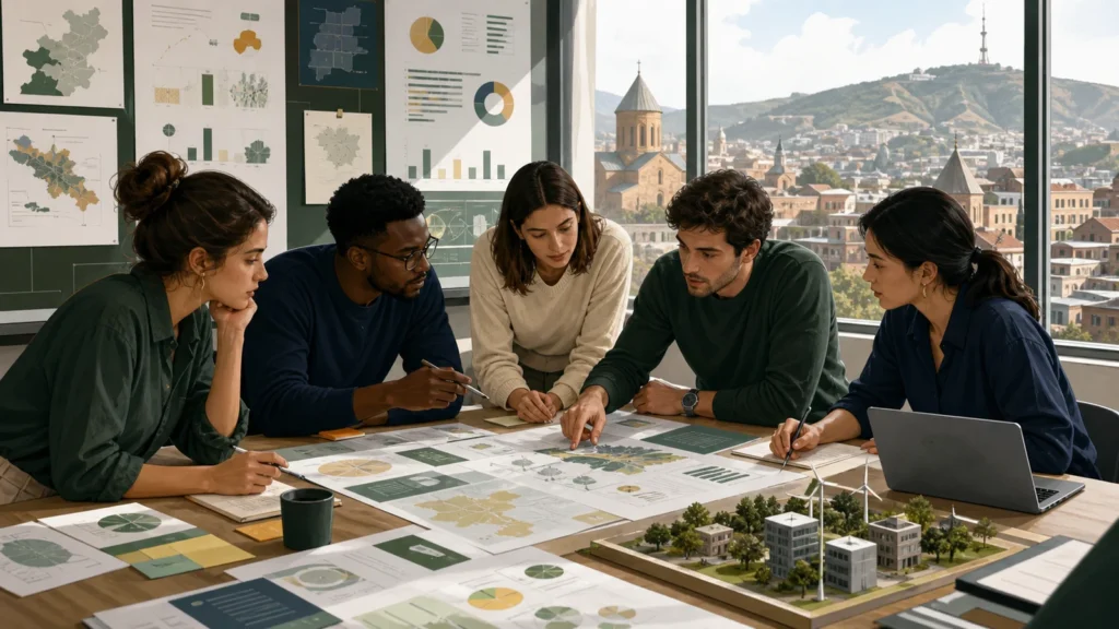 Editorial illustration of international Sustainable Business students evaluating an evidence-led strategy