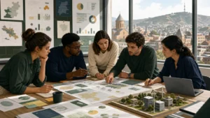 Editorial illustration of international Sustainable Business students evaluating an evidence-led strategy