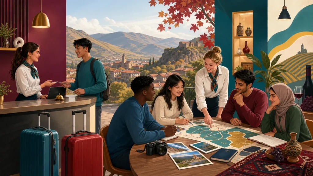 Editorial illustration of international students learning hospitality operations and destination planning