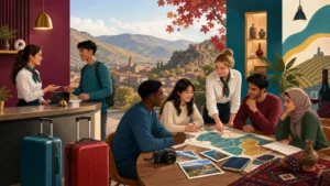 Editorial illustration of international students learning hospitality operations and destination planning