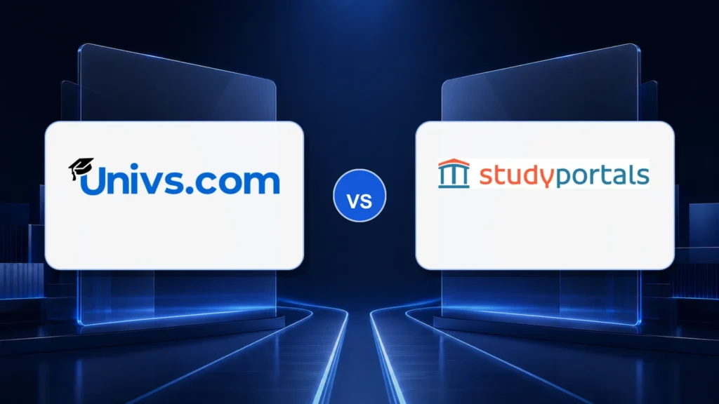 Univs.com logo versus the Studyportals logo on a dark blue comparison background