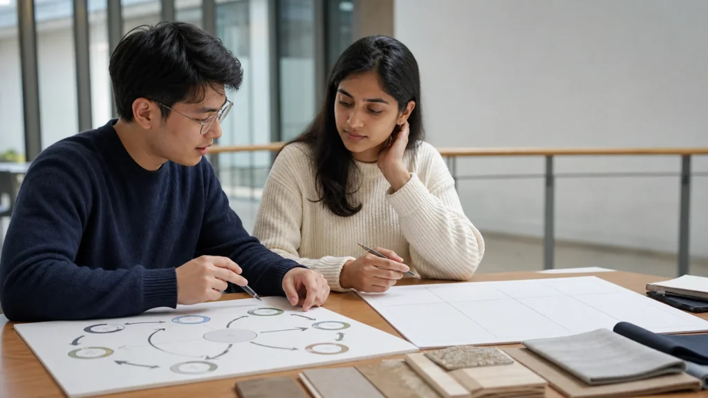 Realistic editorial photograph of postgraduate students comparing sustainable business management and MBA study