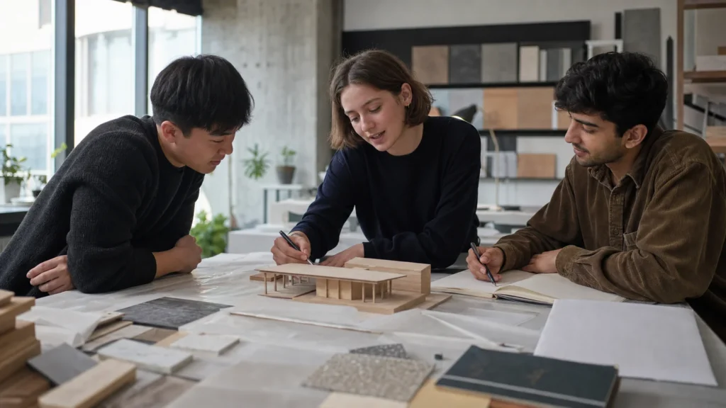 Realistic editorial photograph of international architecture and design students working with models and material samples